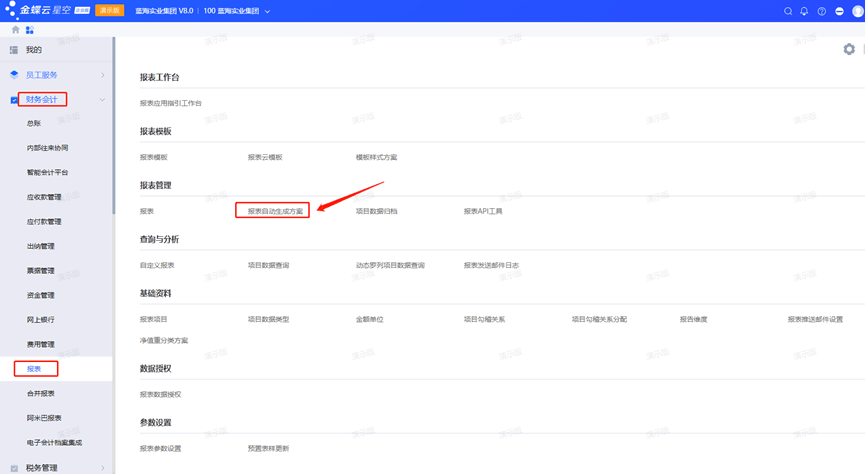 金蝶云星空报表自动生成方案选项