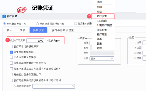 只打印凭证指定页码设置：打印参数-批次打印页数