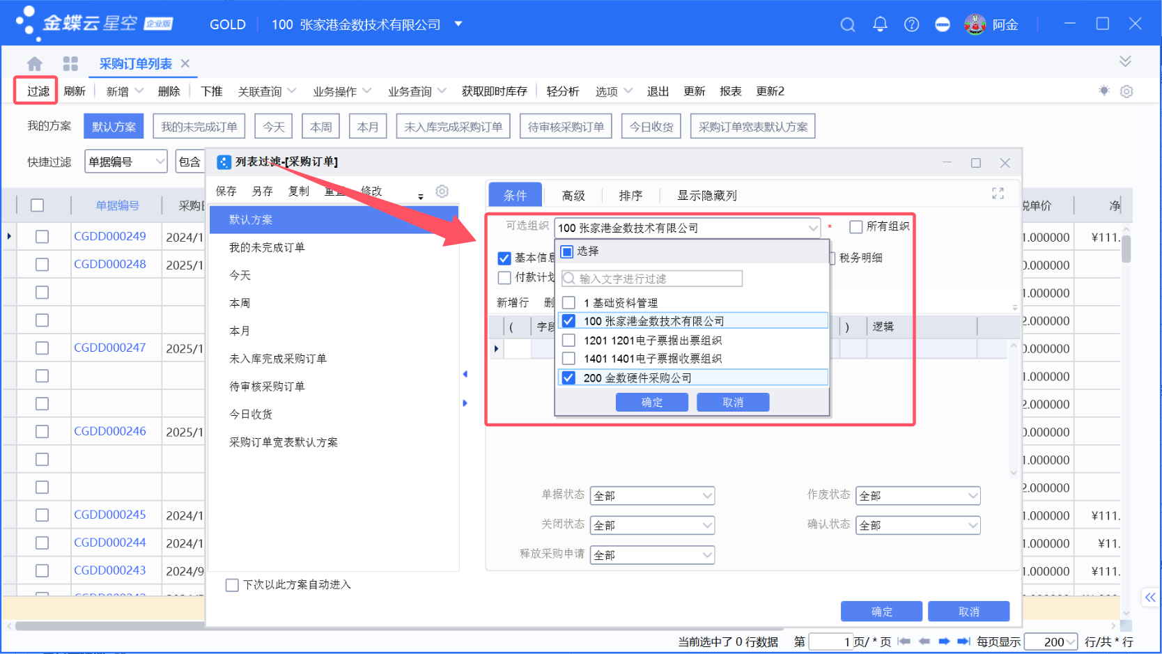 金蝶当前组织、列表组织数据范围说明