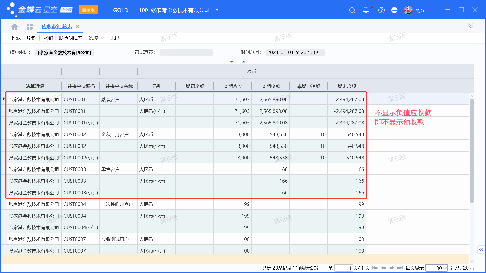 金蝶应收款汇总表不显示负值如何设置