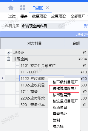 T型帐如何按照核算维度批量指定现金流量